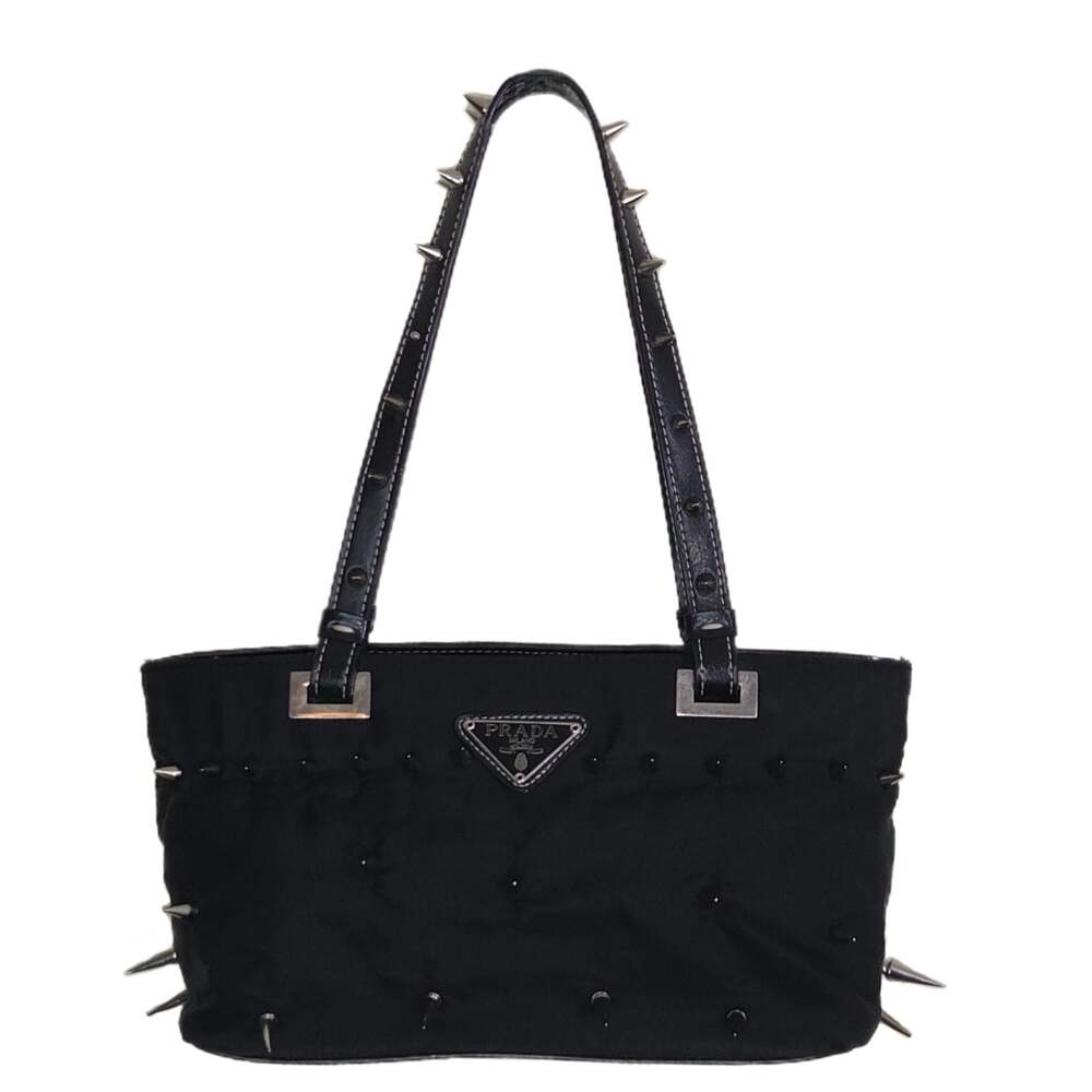 Custom Black Nylon Spiked Studded Small Tote Shoulder Bag